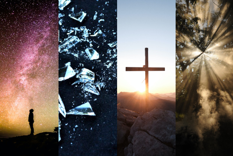4 images représentant la création, la chute, la rédemption et la glorification