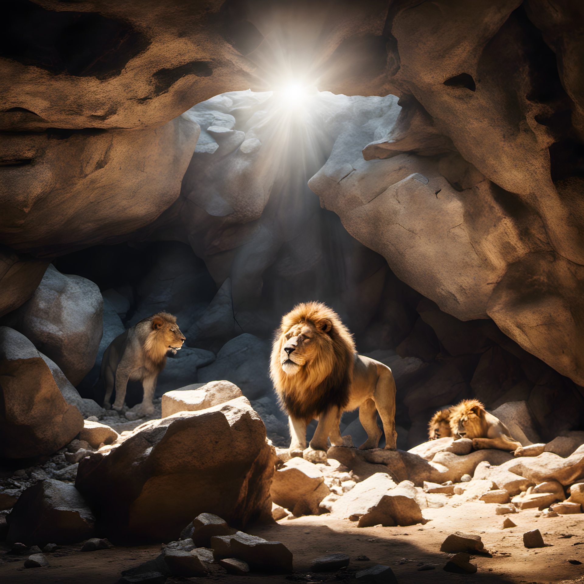 Des lions paisibles dans une fosse.